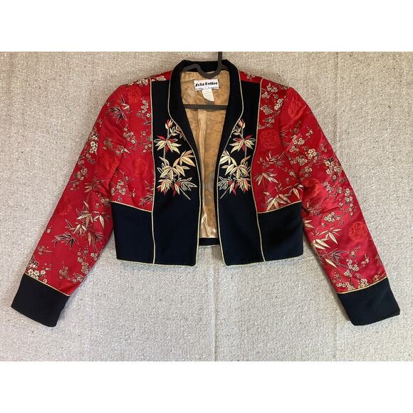 *RARE* VTG ZOLA KELLER Womens‎ Sz 6 Bolero Jacket Embroidered Floral Red Gold - Picture 1 of 10